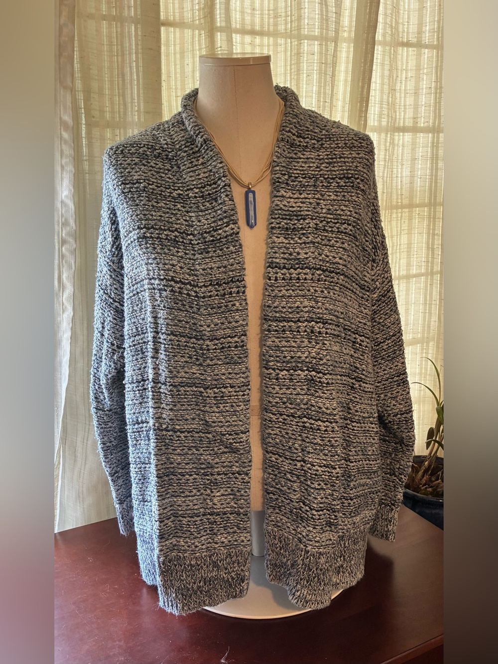 Chaps 1X Chunky Knit Cardigan Navy Cream Open-Front Pockets - Picture 2 of 5